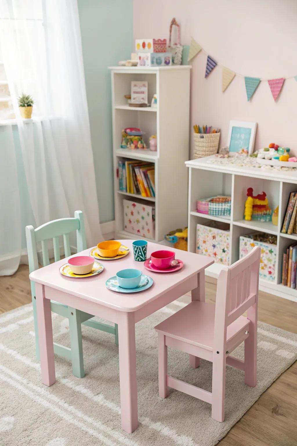 Child-proportioned furniture promotes self-reliance and comfort.