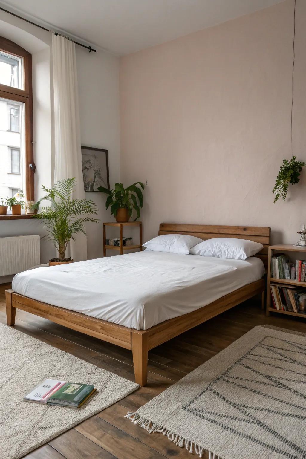A well-organized bedroom featuring minimalist furniture and simple decor.