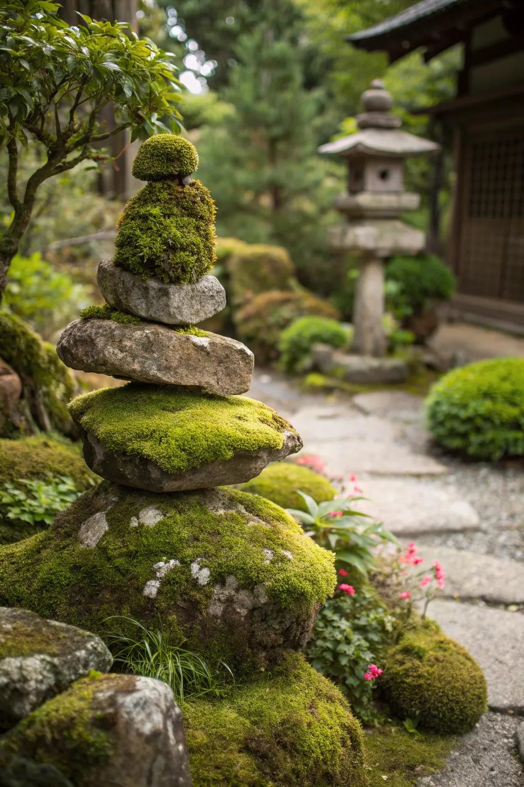 An attention-grabbing verdant stone sculpture at the heart of the garden.