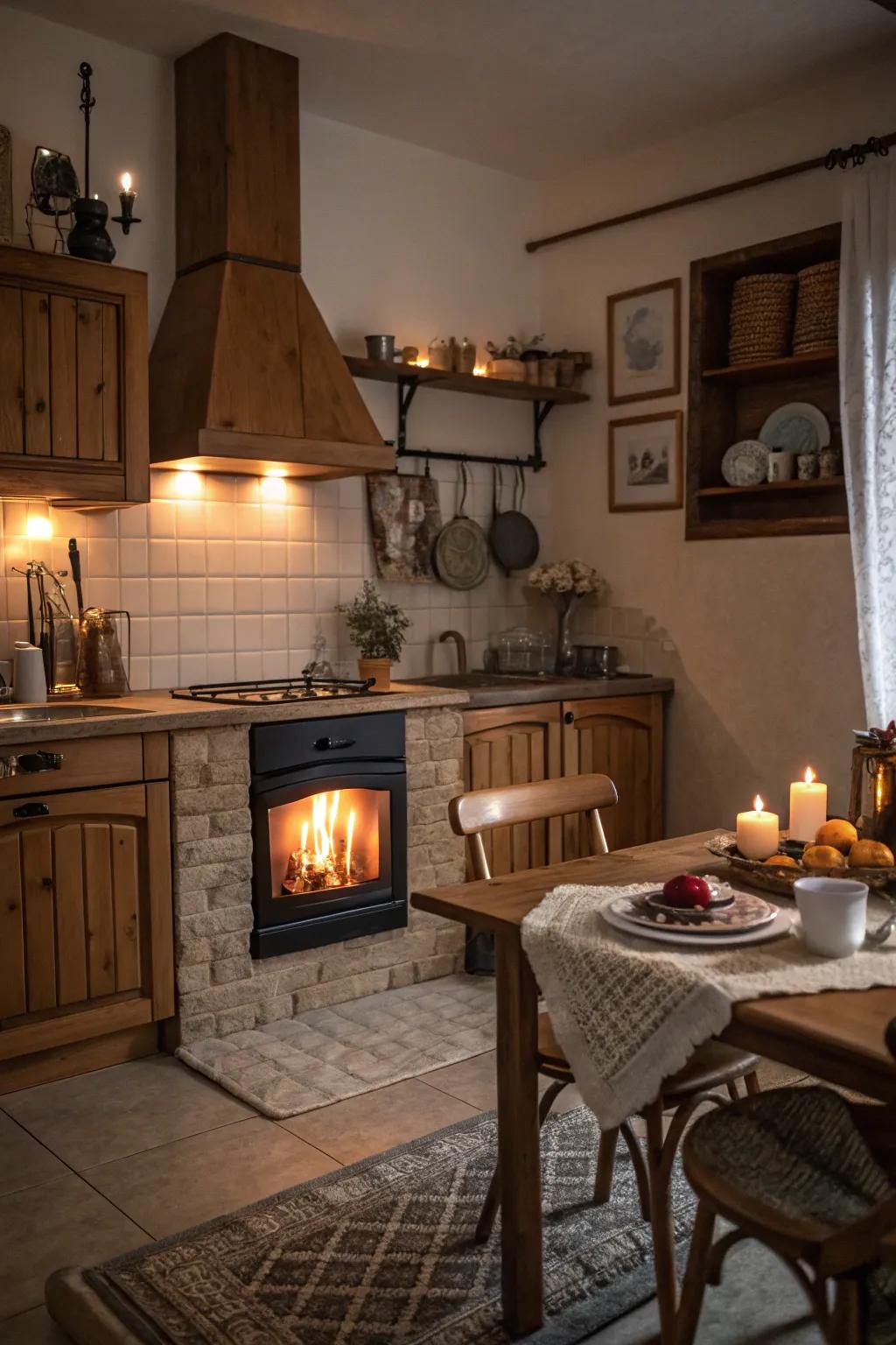 Comforting features like fireplaces contribute warmth and charm to mountain kitchens.