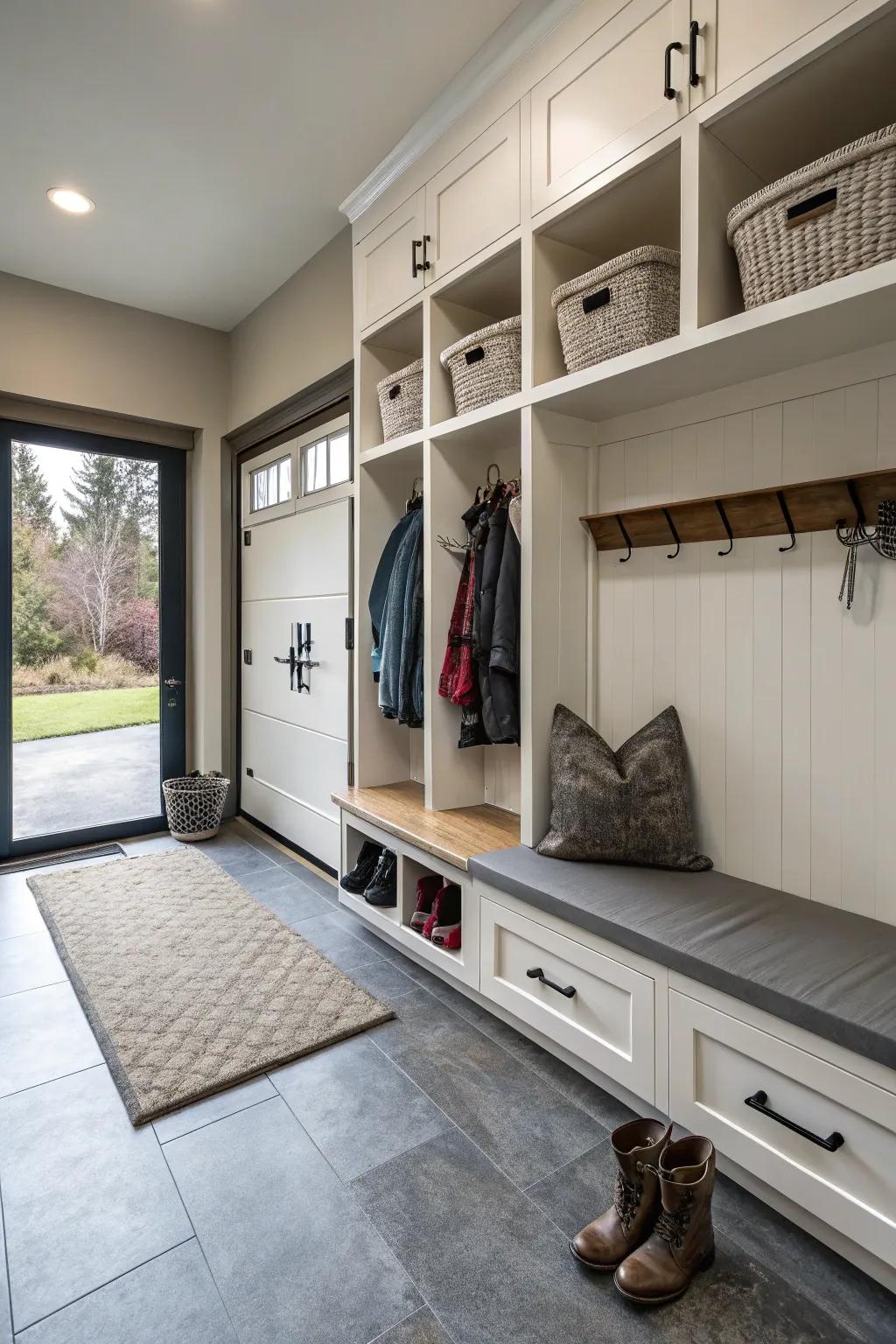 A smart use of garage space for a mudroom.