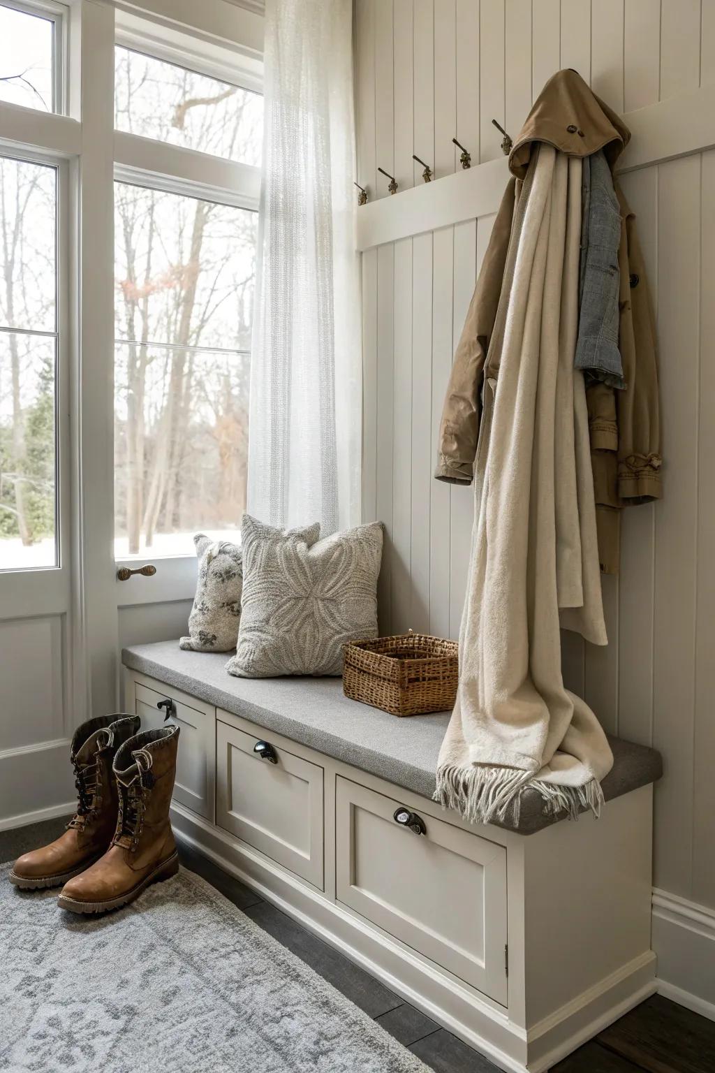 A serene mudroom seating in soothing subdued tones.
