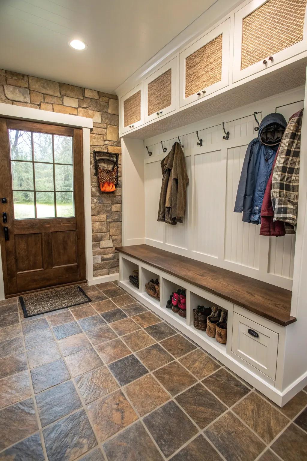 Durable tile flooring ensures longevity and simple maintenance.