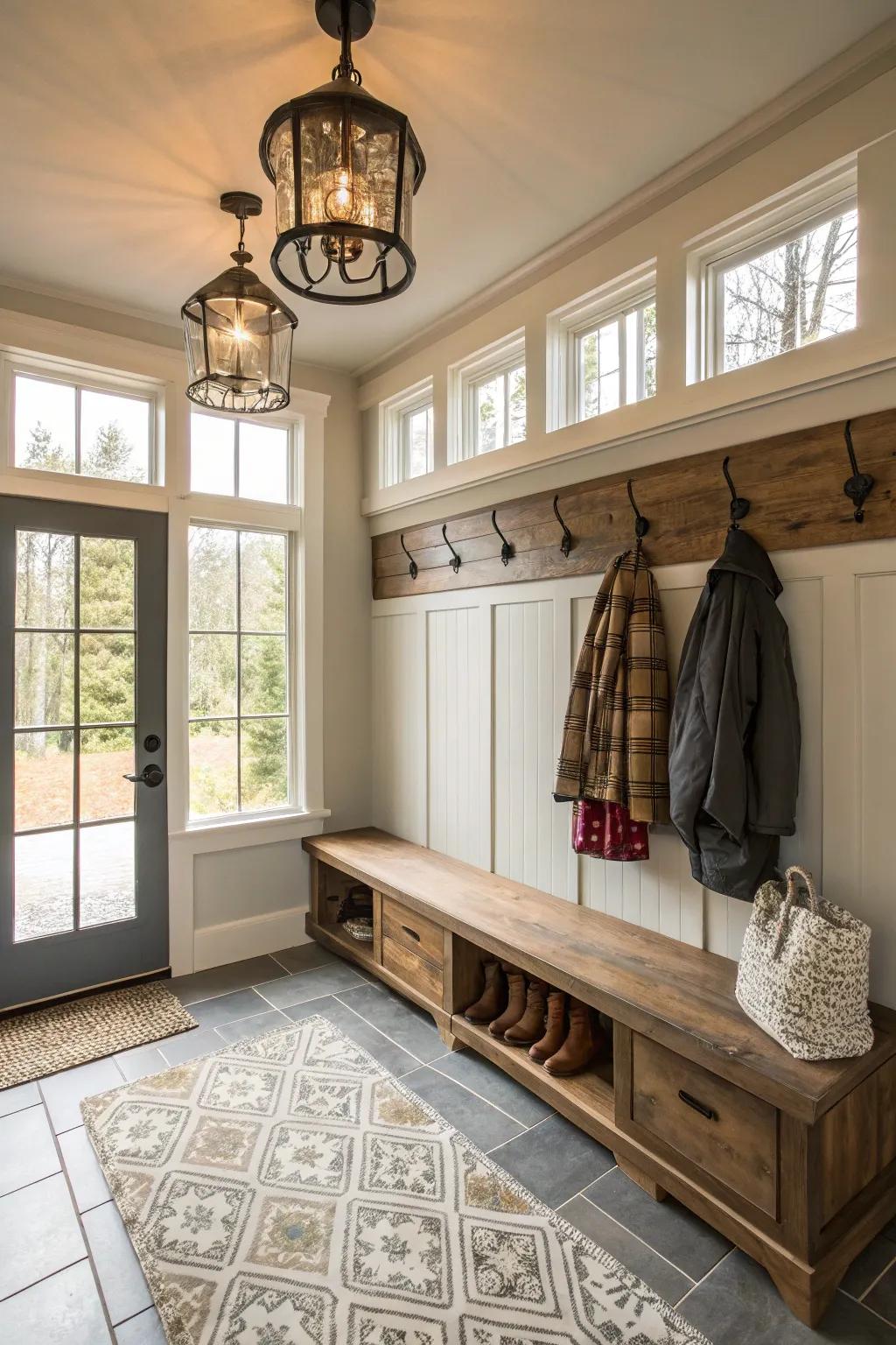 A mudroom that is lit up with natural light and fashionable fixtures to create a welcoming atmosphere.