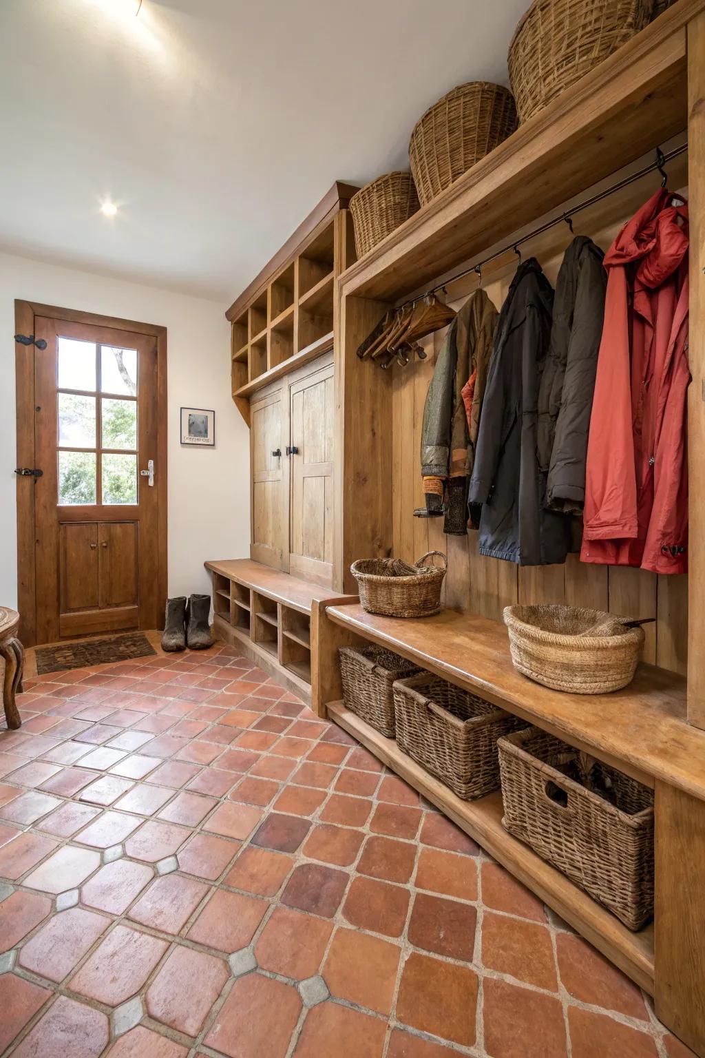 Terracotta tiles bring rustic charm to your mudroom.