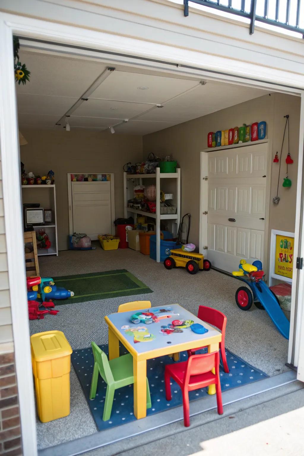 A kid-friendly play zone set up in a garage.