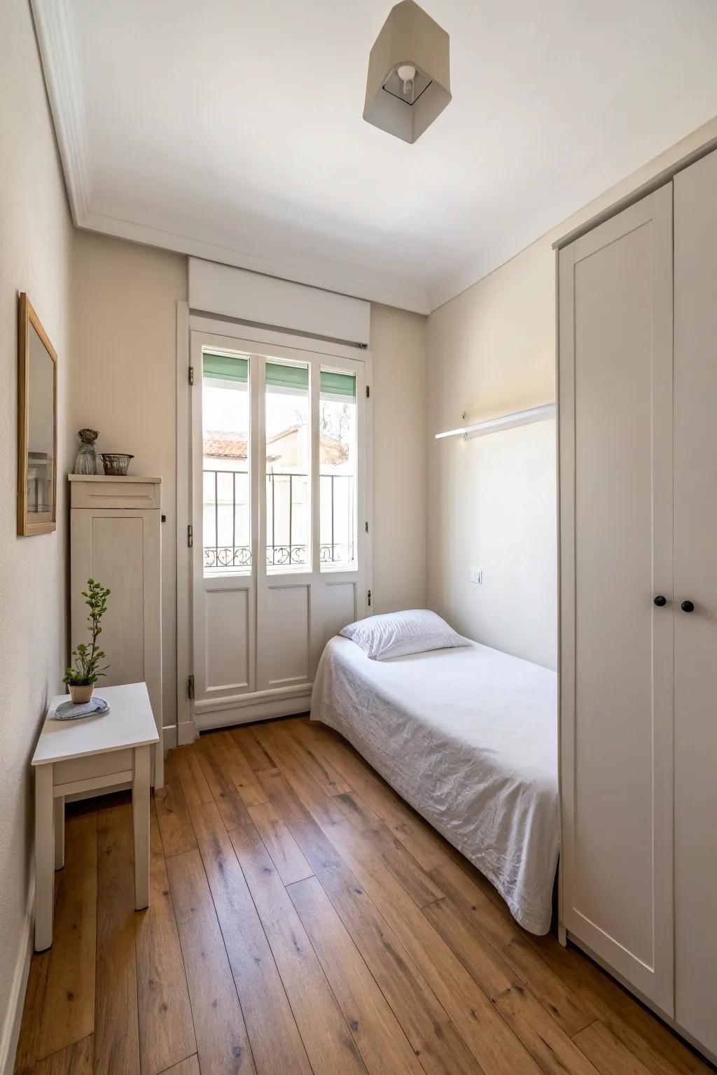 Minimalist decor maintains an open and uncluttered feel in a narrow bedroom.