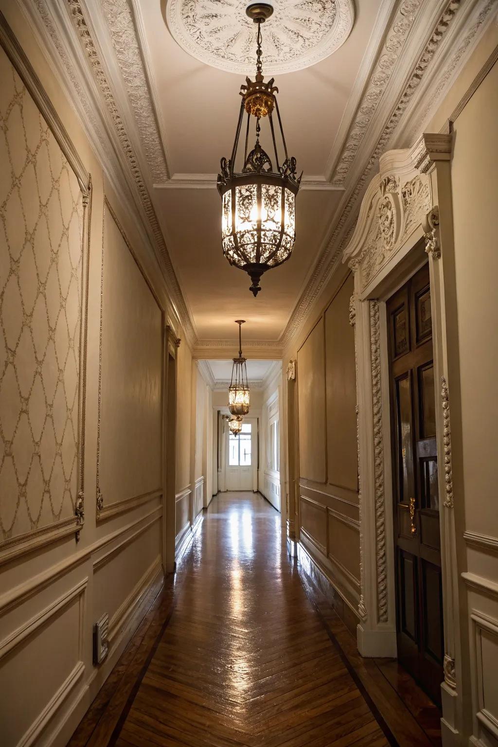 A chandelier adds a touch of elegance to narrow hallways.