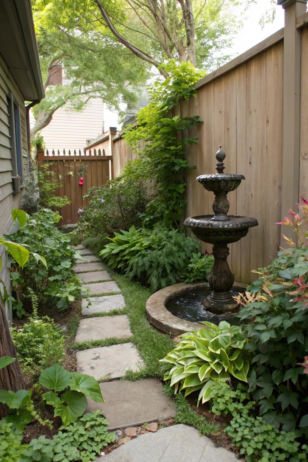 A water feature adds a serene element to narrow spaces.