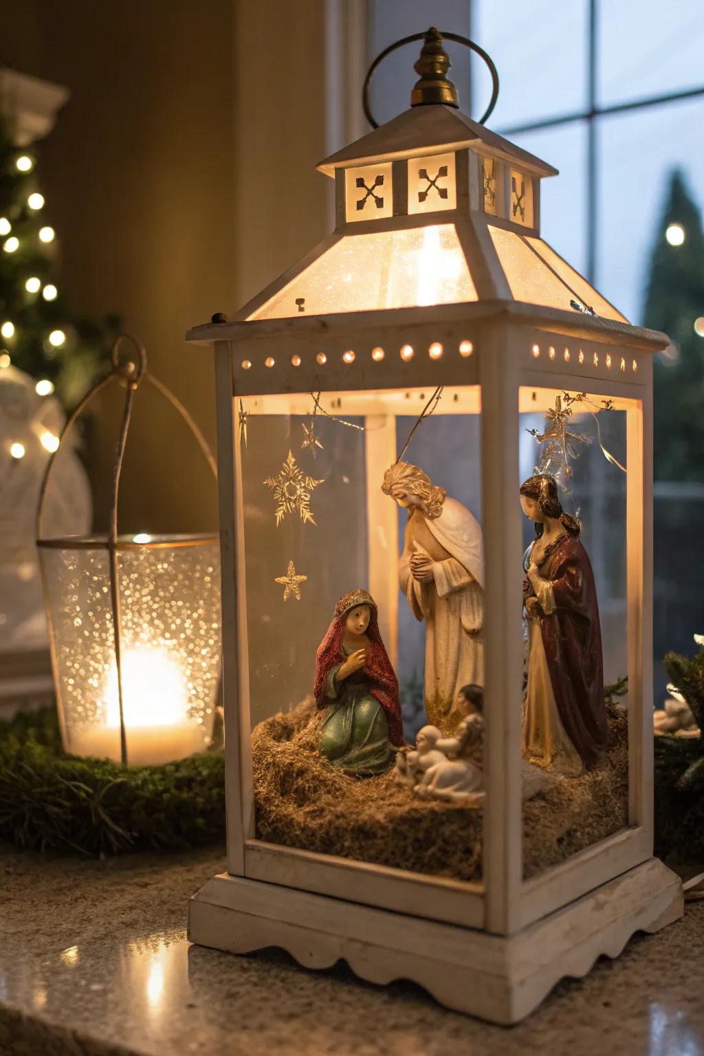 A snug nativity scene nestled inside an ornamental lantern.