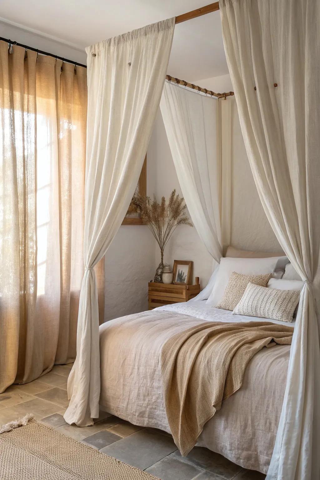 Earth-friendly materials like linen and cotton emphasize this bedroom's theme.