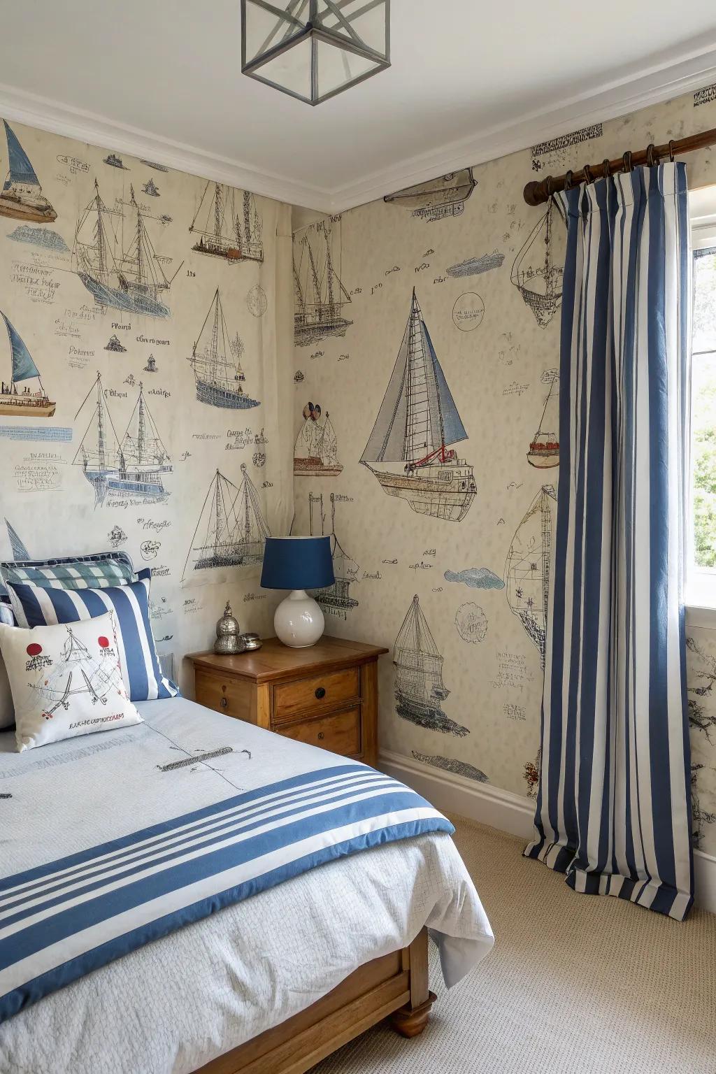 Nautical wallpaper creates a scenic focal point.