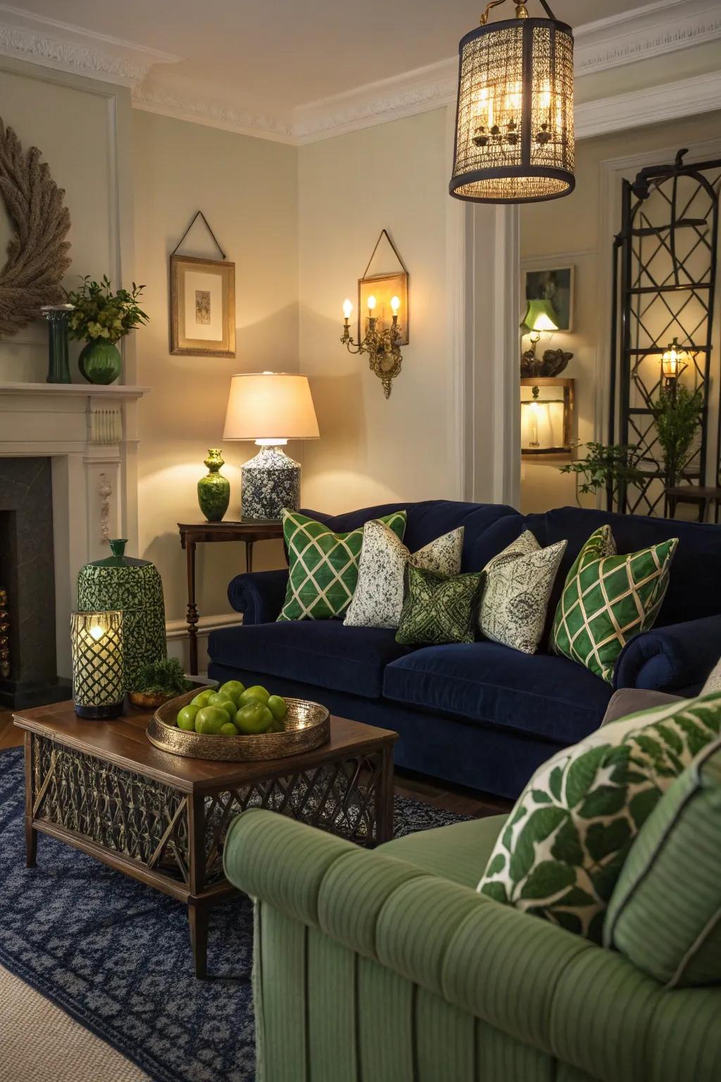 Tiered lighting elevates the living room's warmth and comfort.