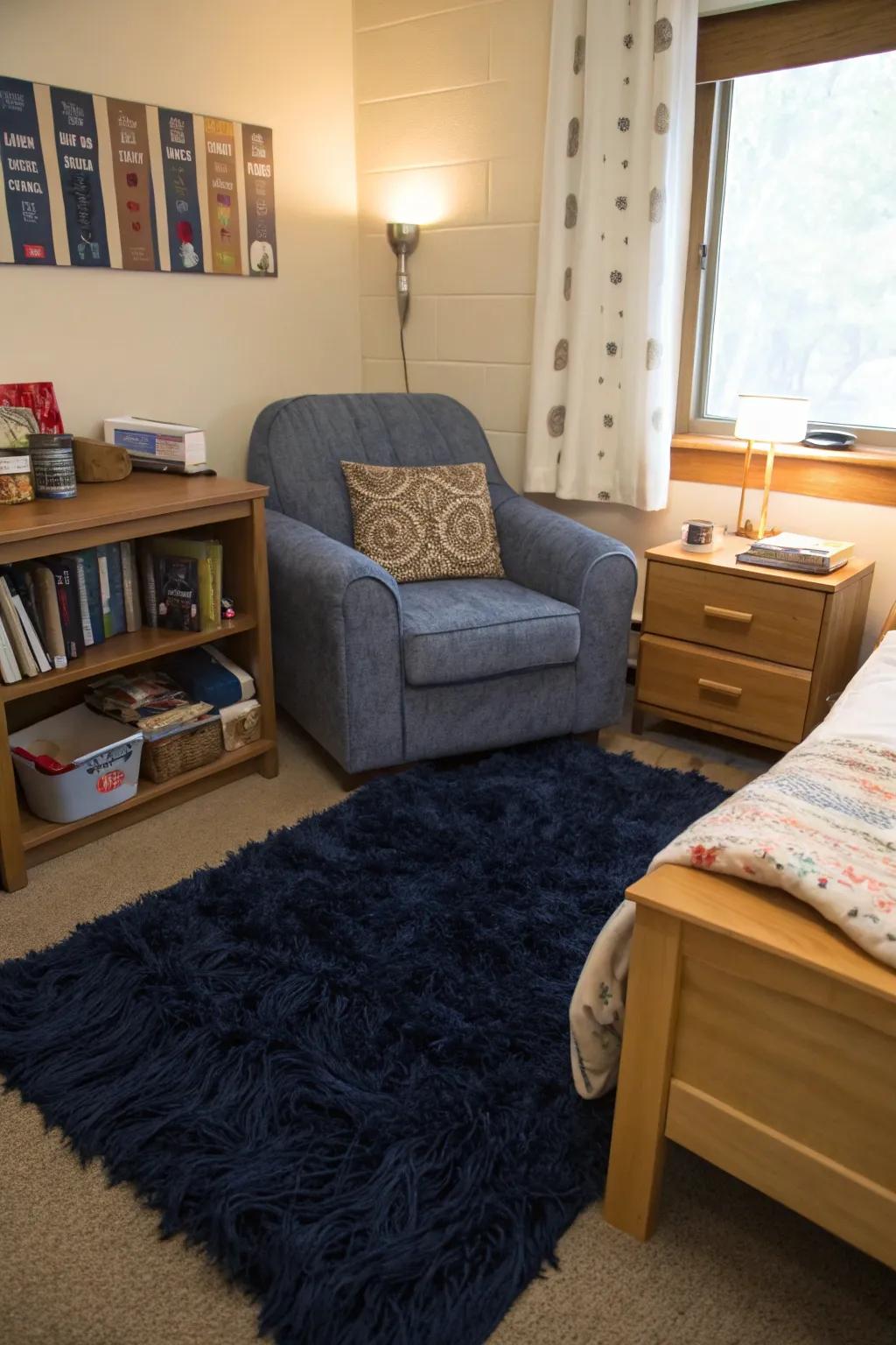 Incorporate warmth and texture to your dorm with a snug navy rug.