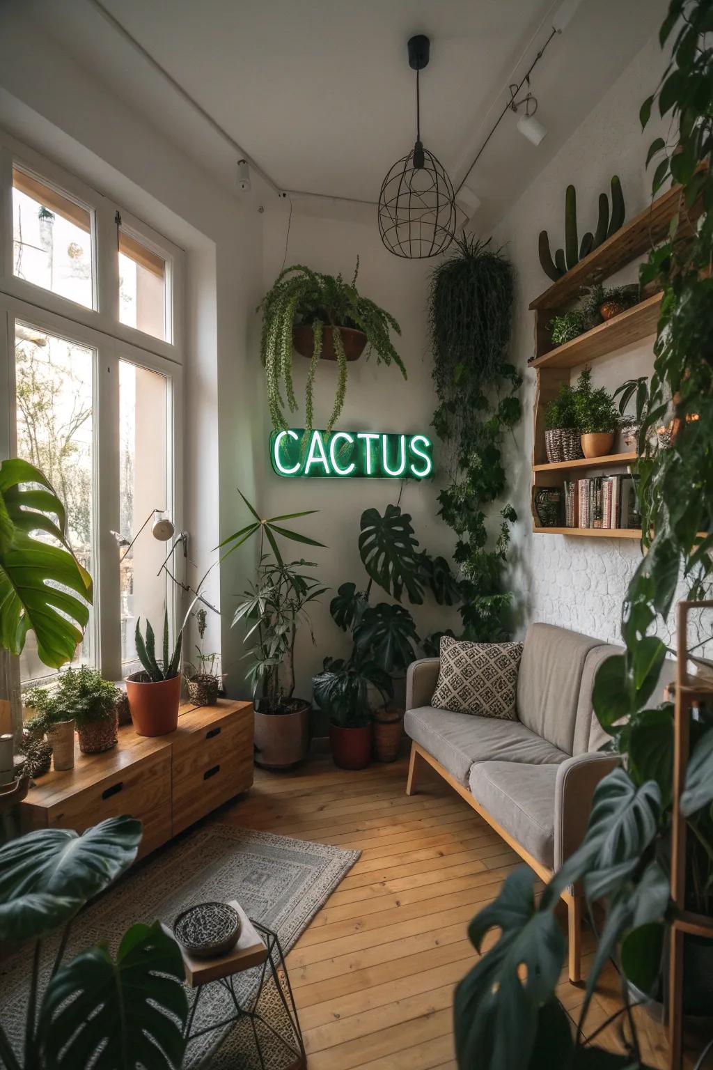 Combining neon signs with organic elements creates a balanced aesthetic.