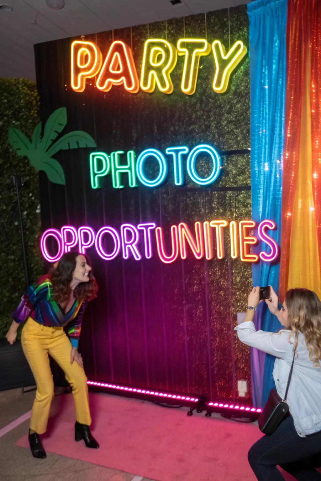 A neon-shaded backdrop using vibrant words, perfect for capturing memorable celebration photos.