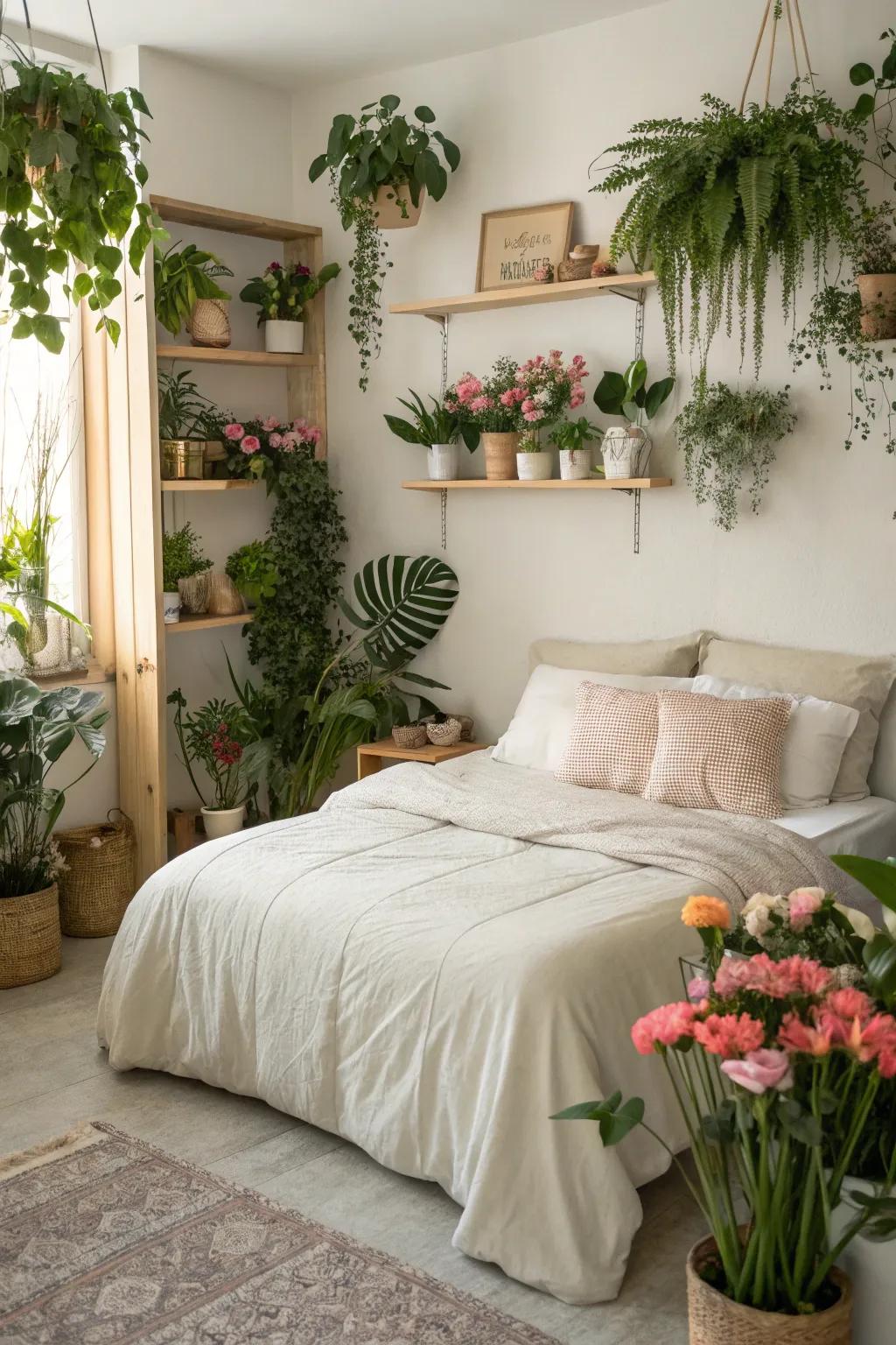 Greenery adds a fresh and lively touch to the bedroom.