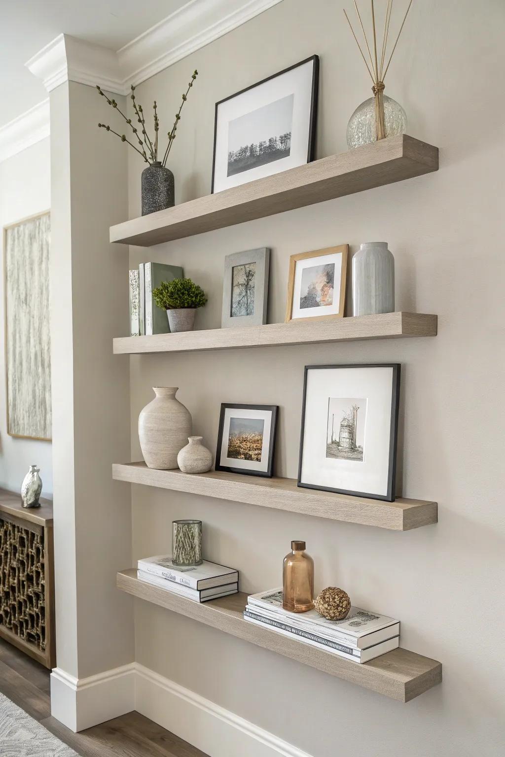 Floating shelves offer chic design and practical storage.