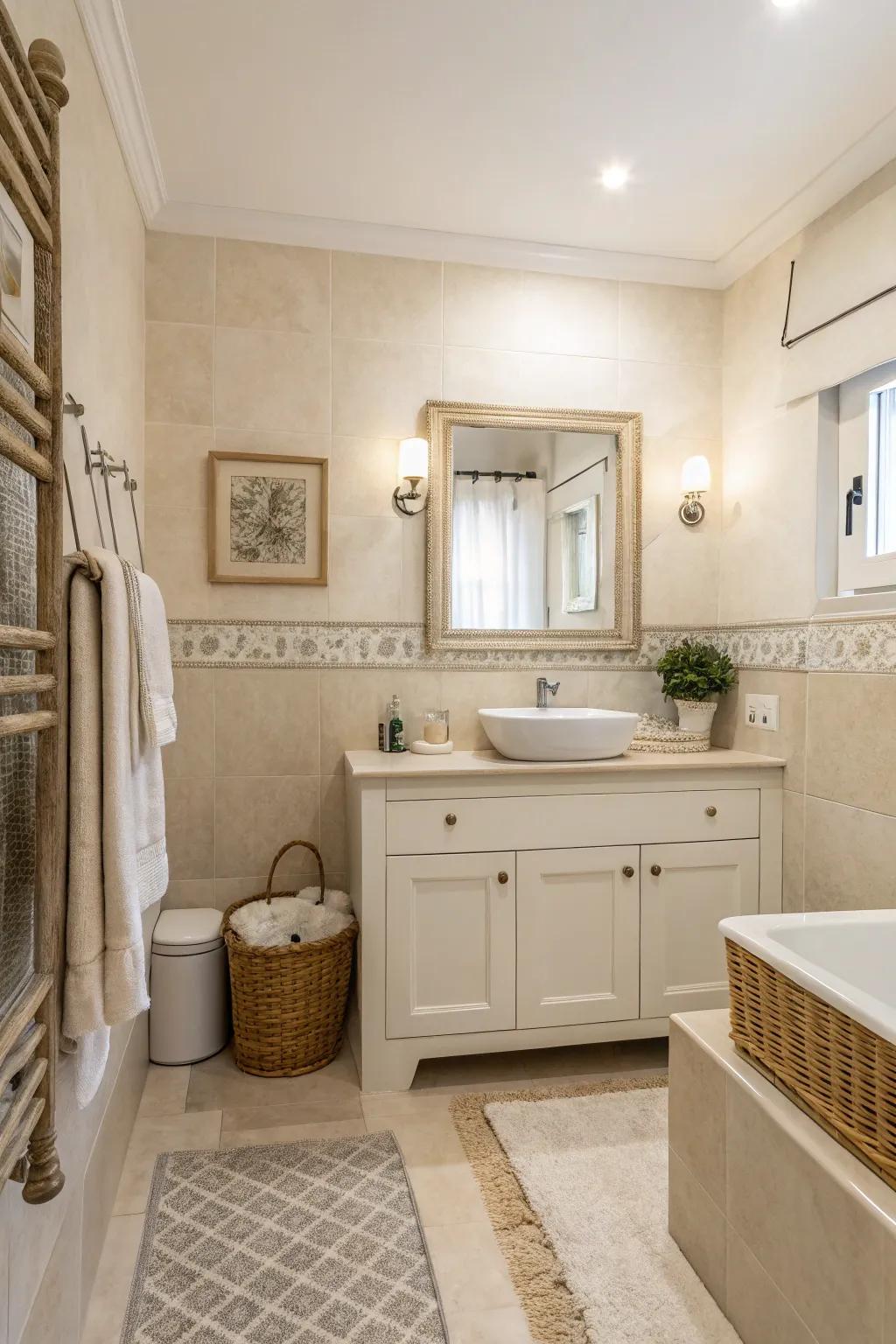 A soothing bathroom with a neutral theme of soft whites and beiges.