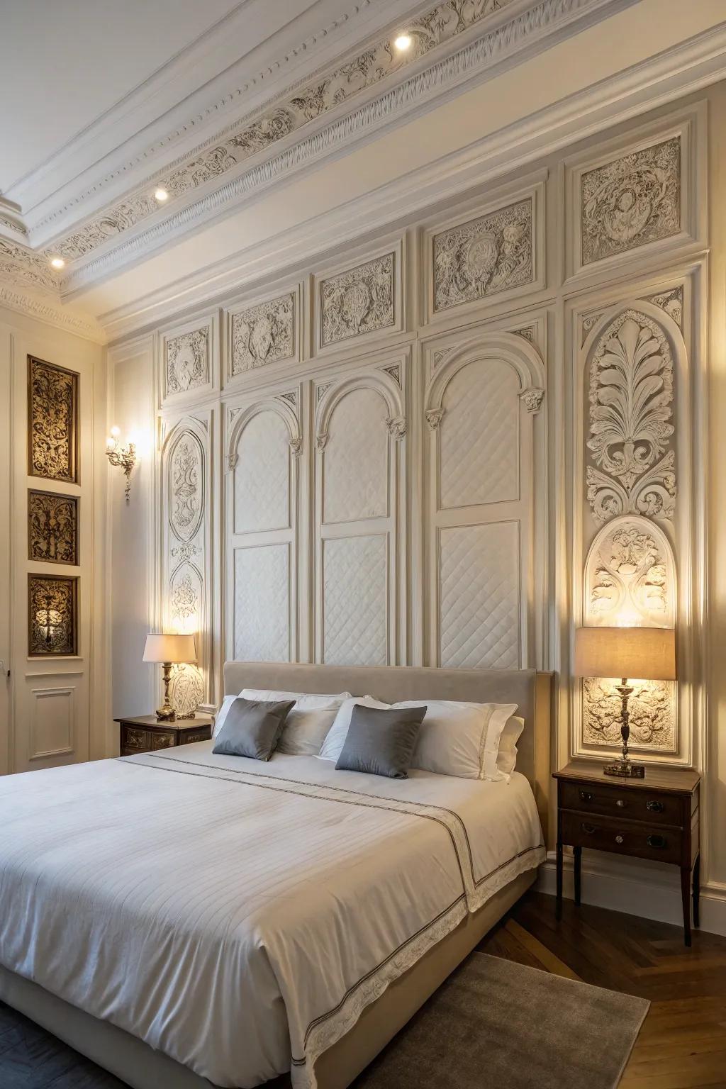 Architectural panels enhance the bedroom wall with richness and distinction.