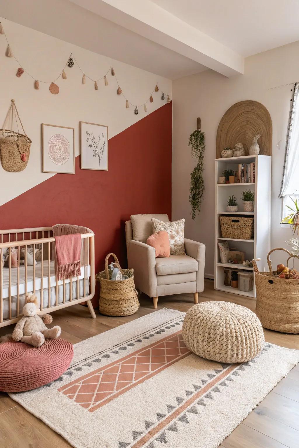 A nursery featuring rustic crimson accents for added warmth.