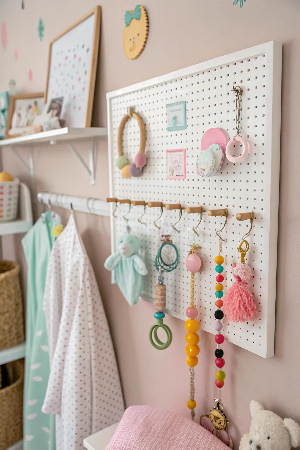 A versatile modular wall storage system for organizing and presenting baby items.