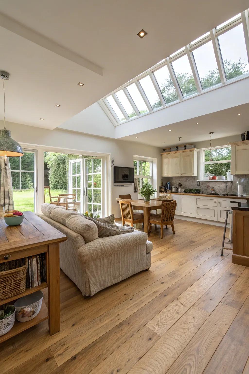 An open layout amplifies the feeling of oak flooring.