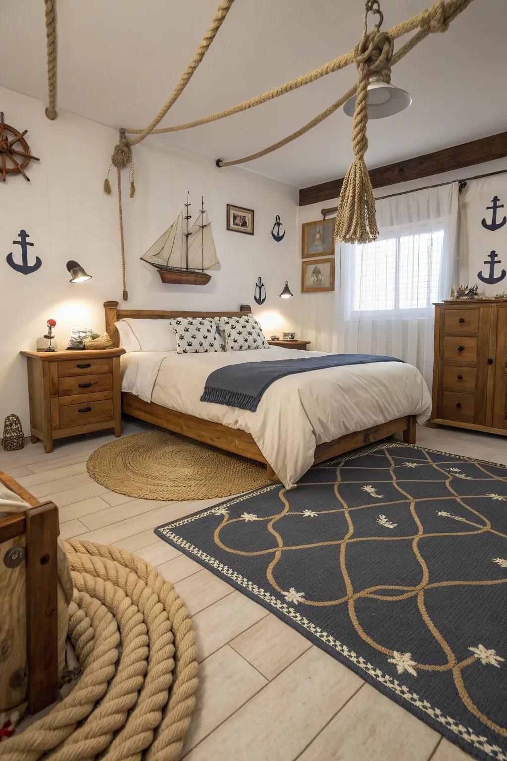 Rope details add an authentic nautical touch to your bedroom decor.