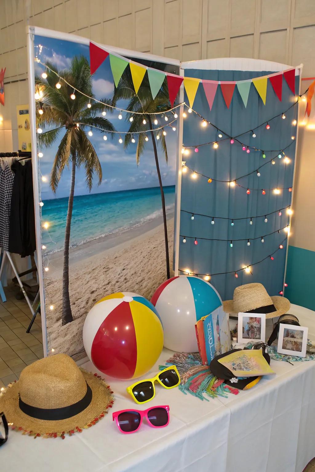 A cheerful and playful photo spot arrangement ideal for capturing seaside moments.