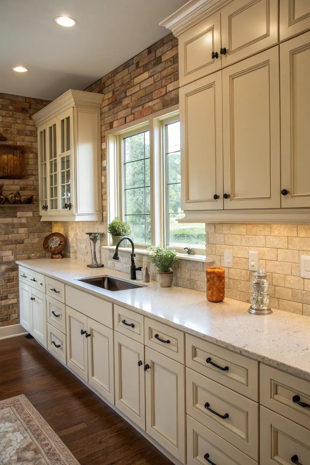 Textures add depth to cream kitchen designs.