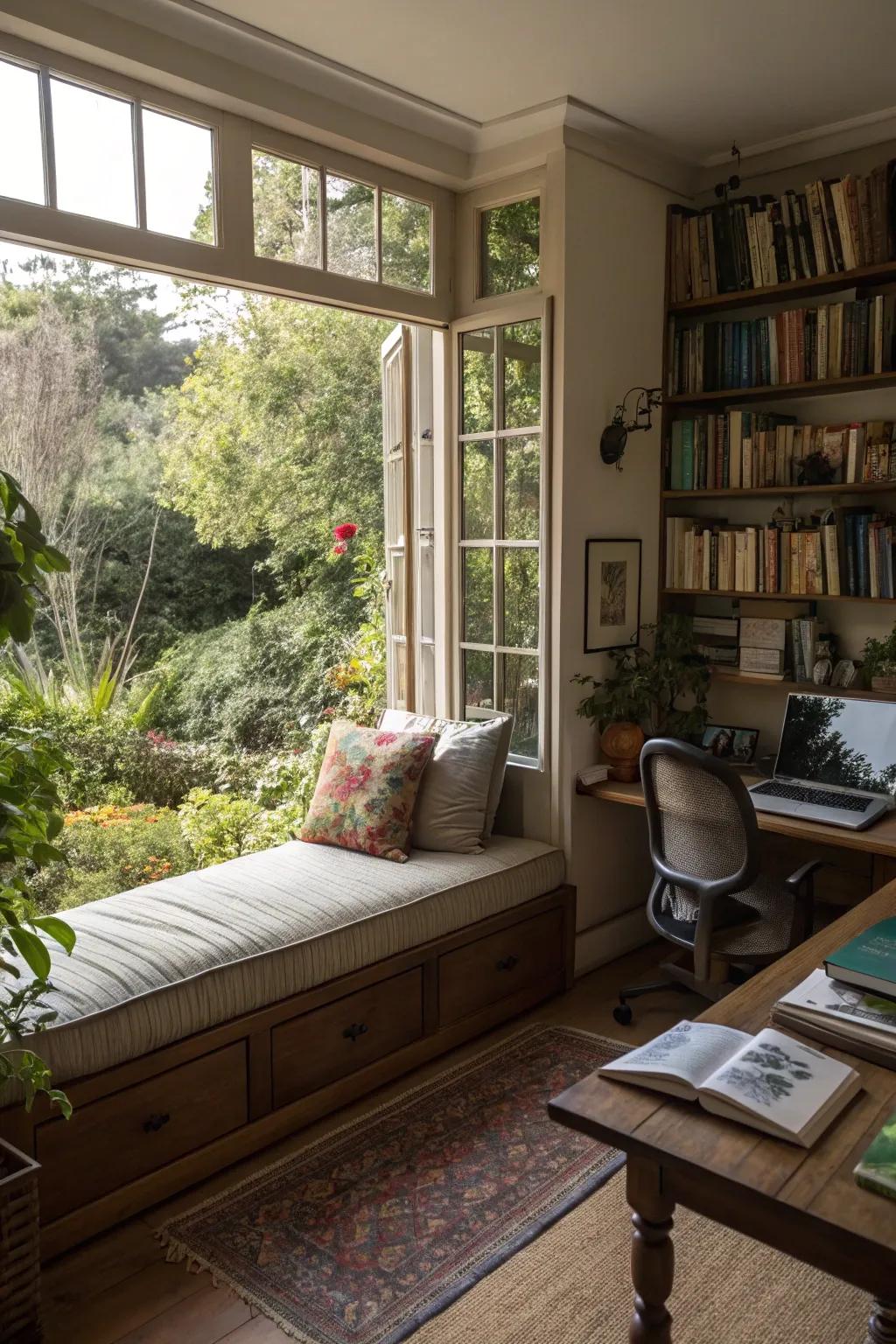 A daybed by the window presents natural light and a soothing view.