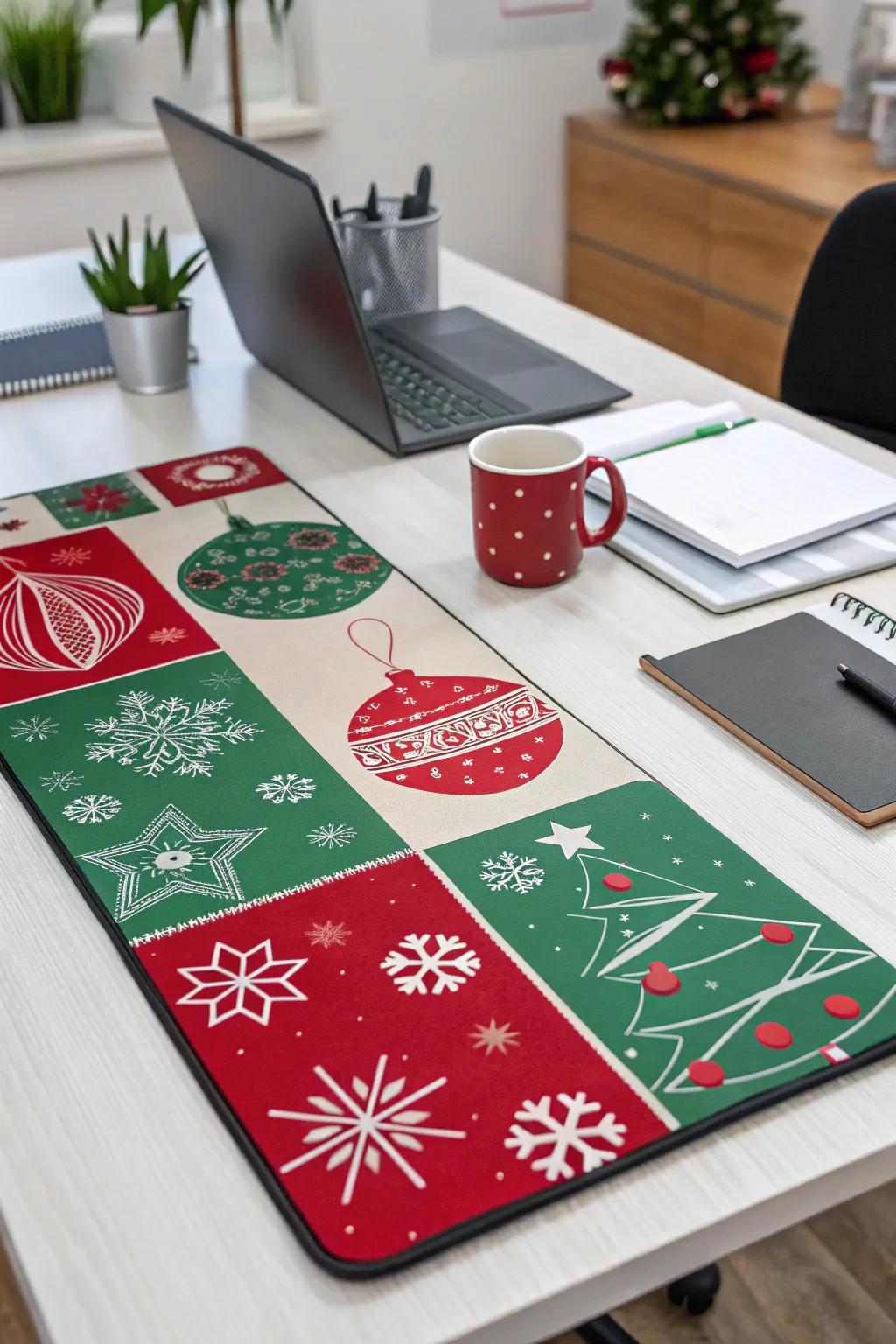 A themed desk protector bestows subtle holiday exhilaration.