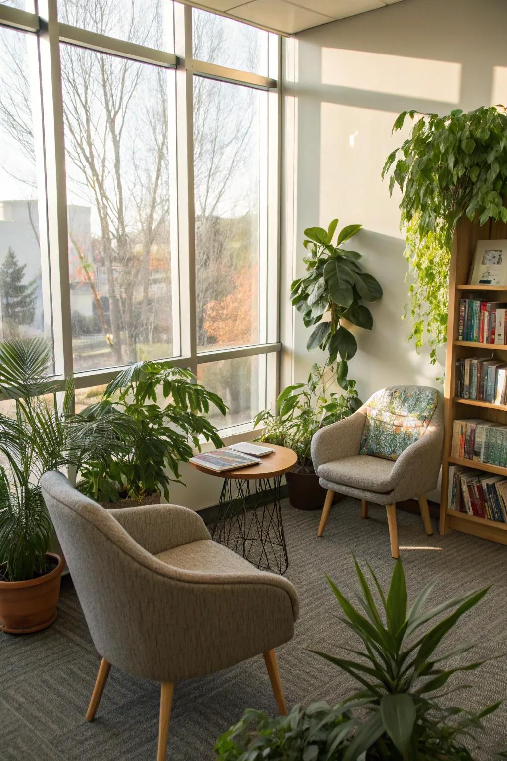 Indoor plants contribute a natural touch and serenity to this reading area.