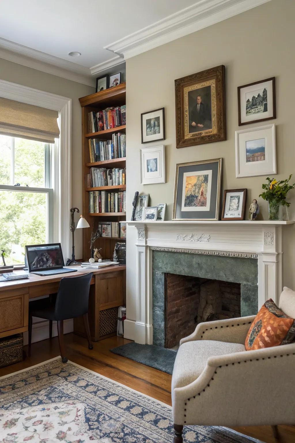 A fireplace display adds personality to the workspace.