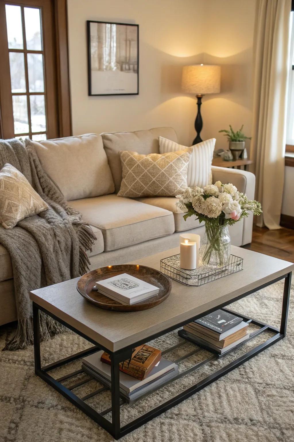 A well-chosen coffee table enhances the living room's functionality and style.