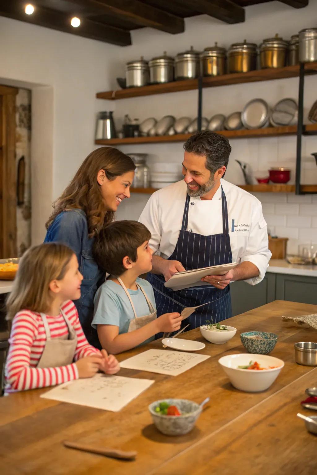 A family gleaning knowledge and sharing laughter in a cooking workshop.