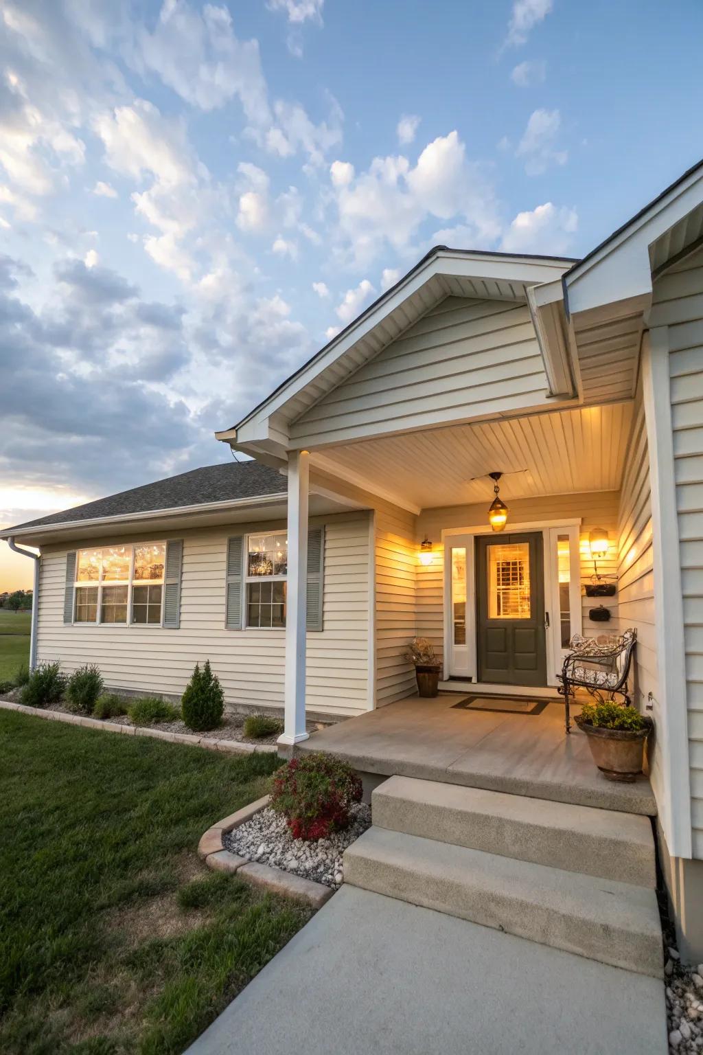 An inviting veranda enhanced with charming cladding captivates visitors.
