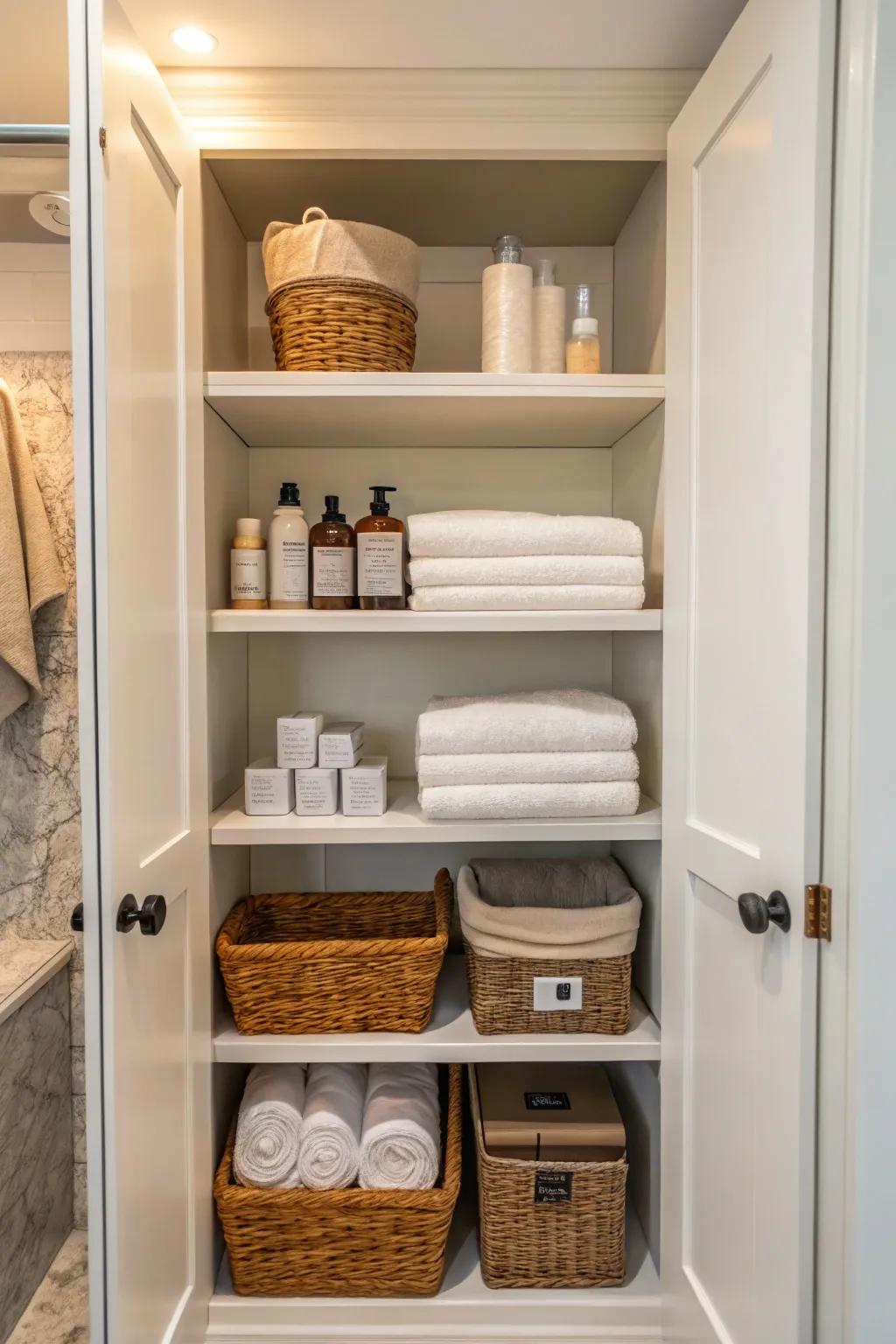 Keep crucial toiletries at hand across exposed shelves.