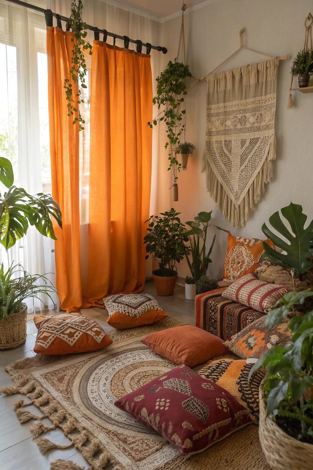 Boho vibes with orange window coverings and eclectic decor.