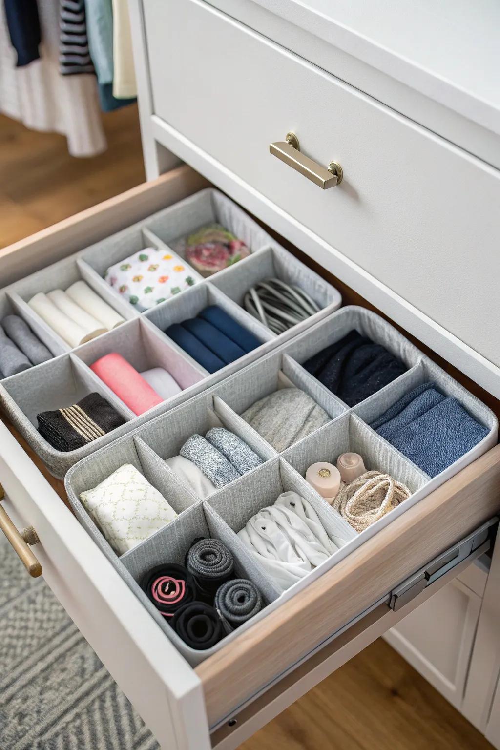 Separate and conquer clutter using drawer organizers.