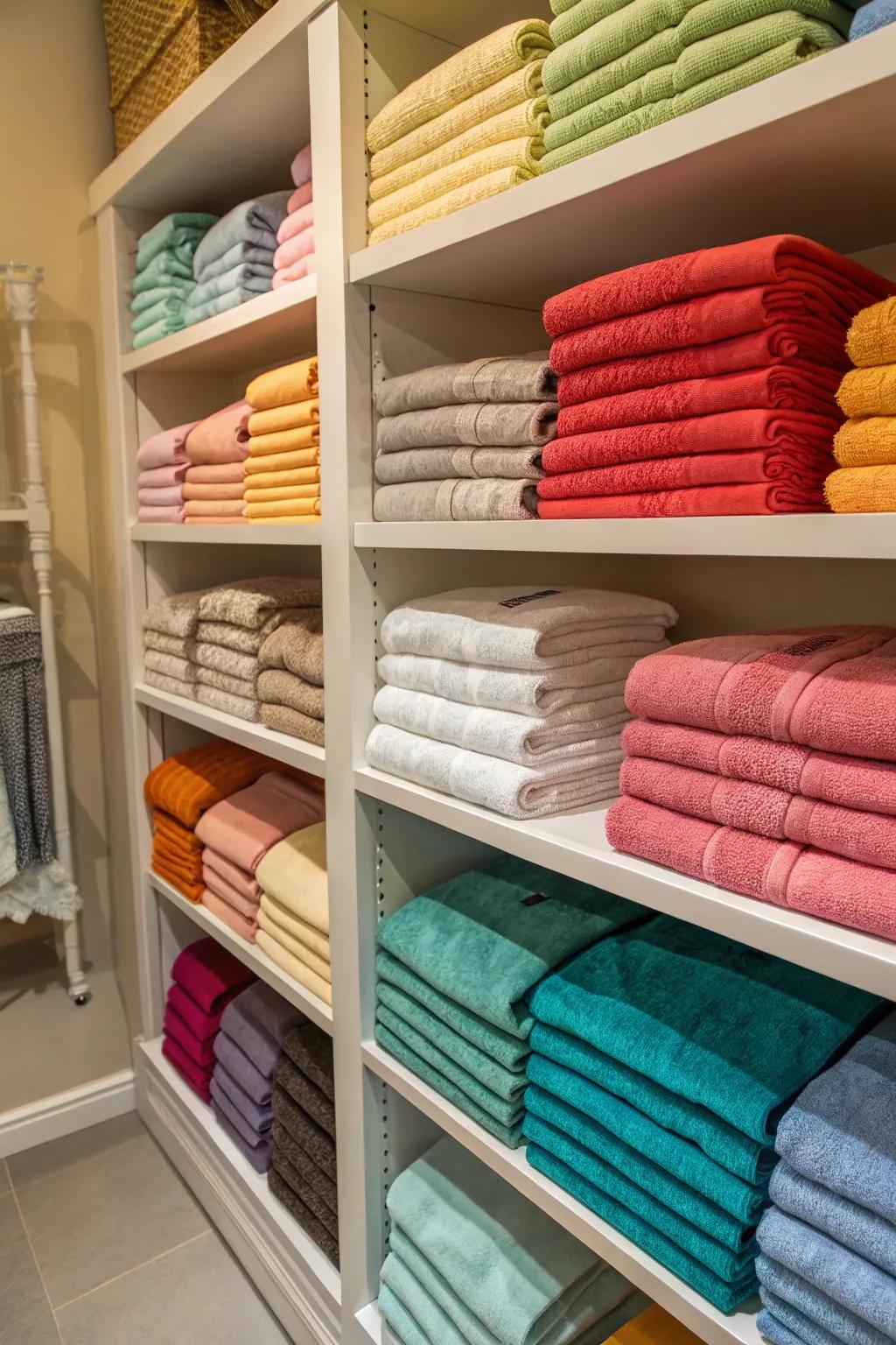Coordinated linens create an elegant closet display