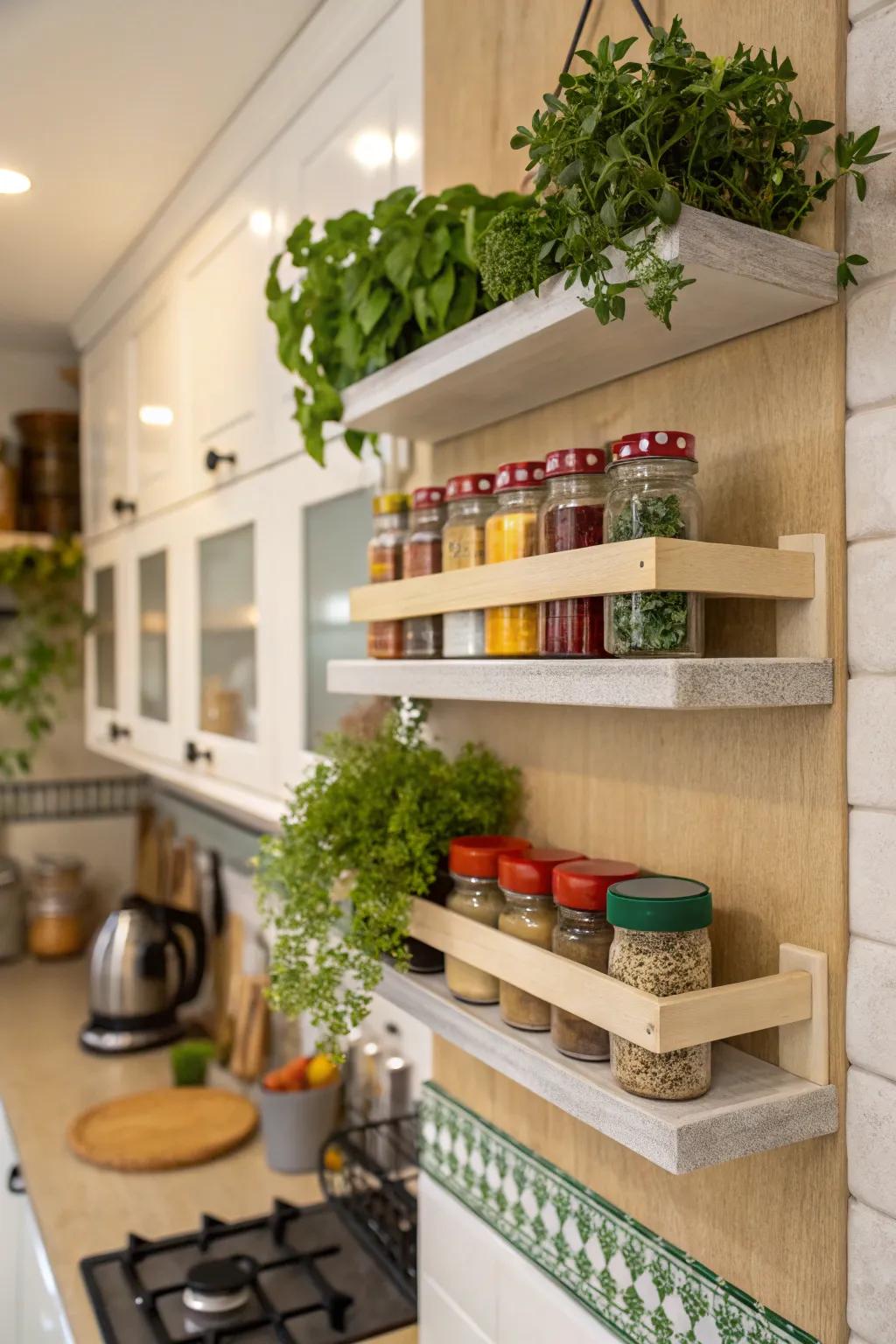 Floating shelves provide both additional storage and flair to the cooking area.