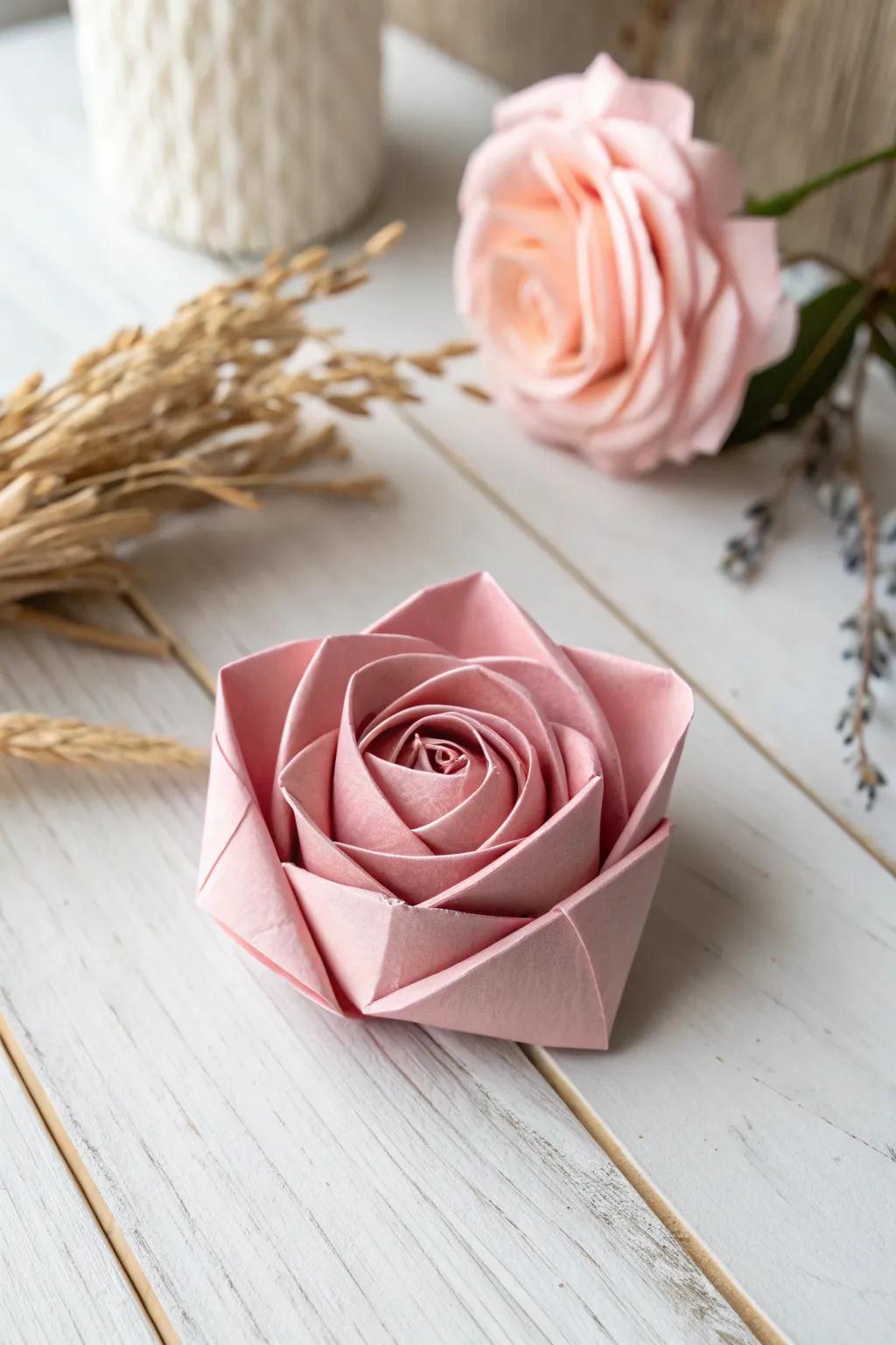 An exquisitely made paper folded rose: where effortlessness converges with grace in this timeless display.