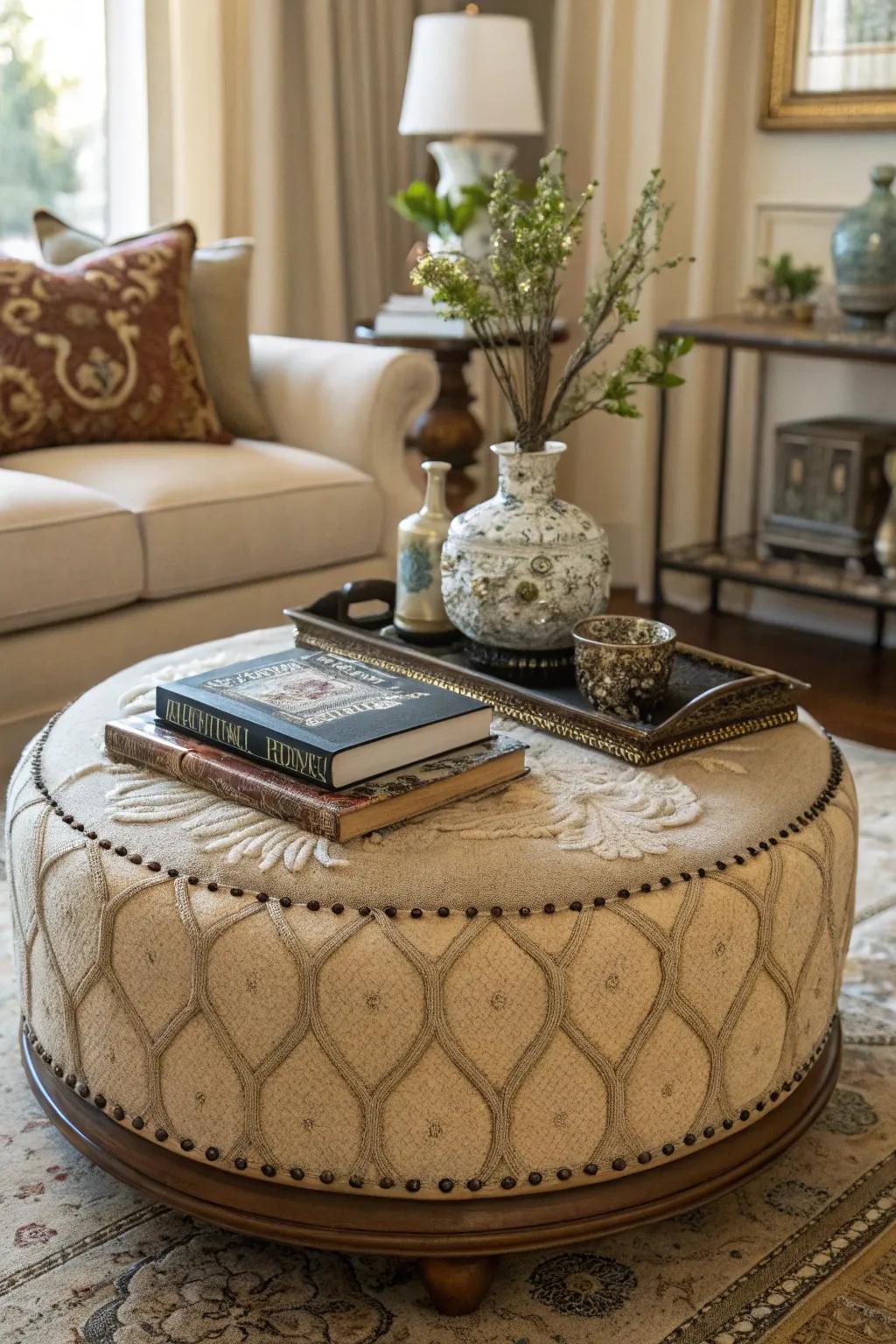 A personalized ottoman adorned with expressive decorative elements.