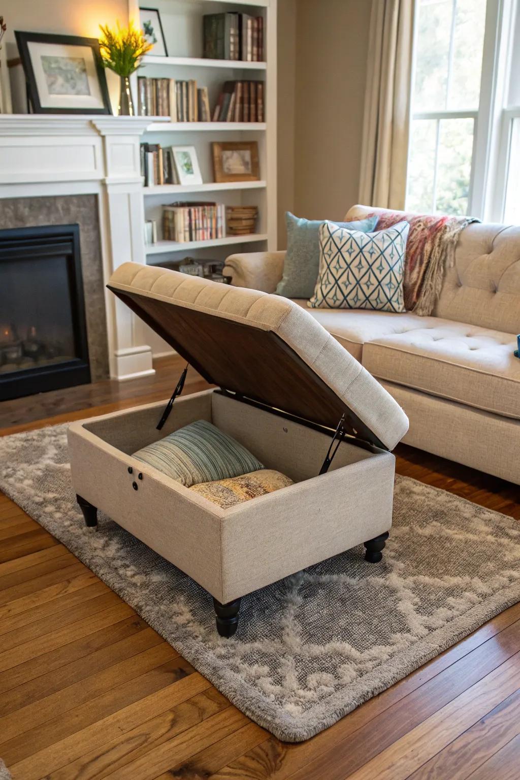 A fashionable ottoman with concealed stowage room