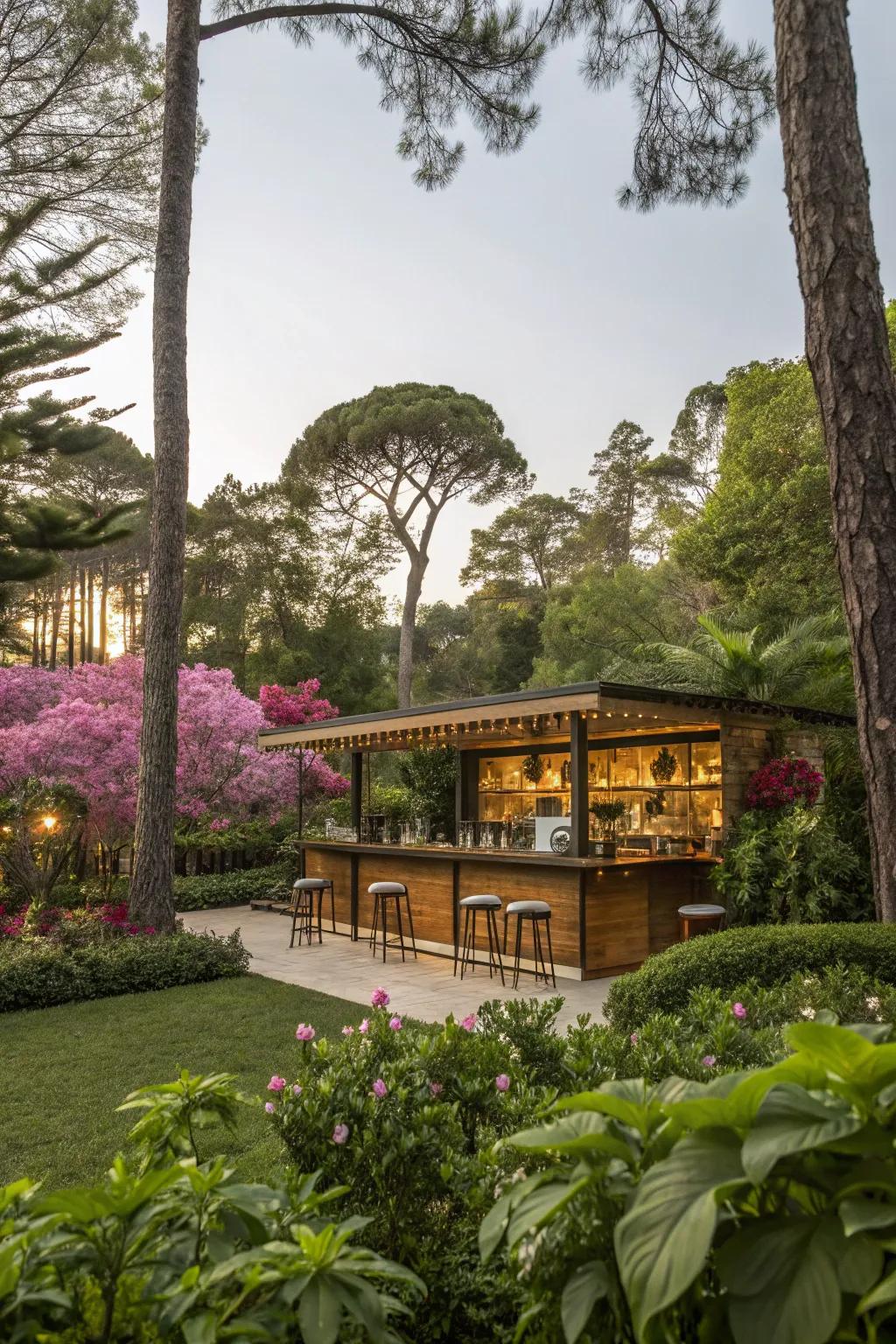 A garden-integrated bar offers a serene retreat.