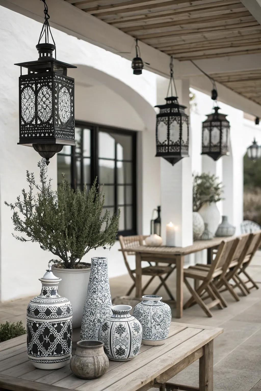 Captivating accessories like lanterns and vases enhance this chic patio setting.