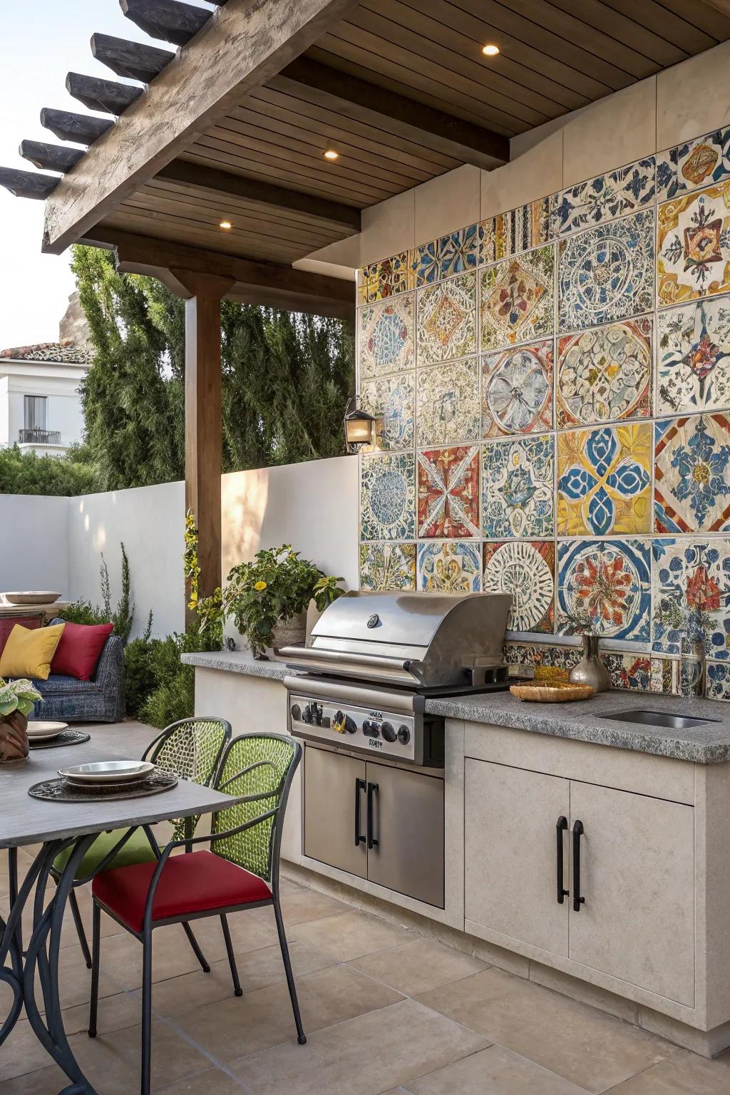 Colorful ceramic tiles create a lively and artistic outdoor kitchen atmosphere.