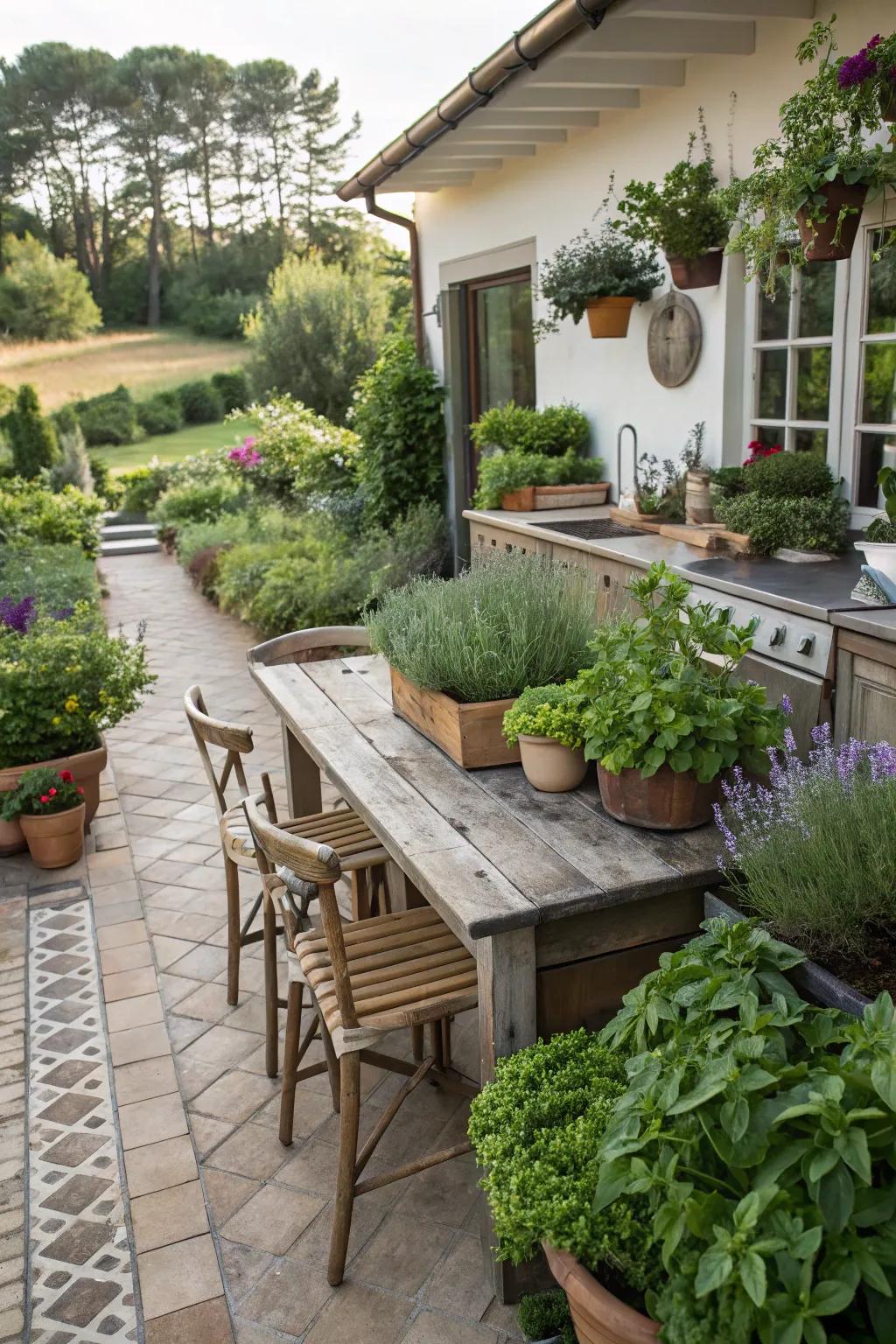 Plants inject vibrant freshness into your open-air kitchen.