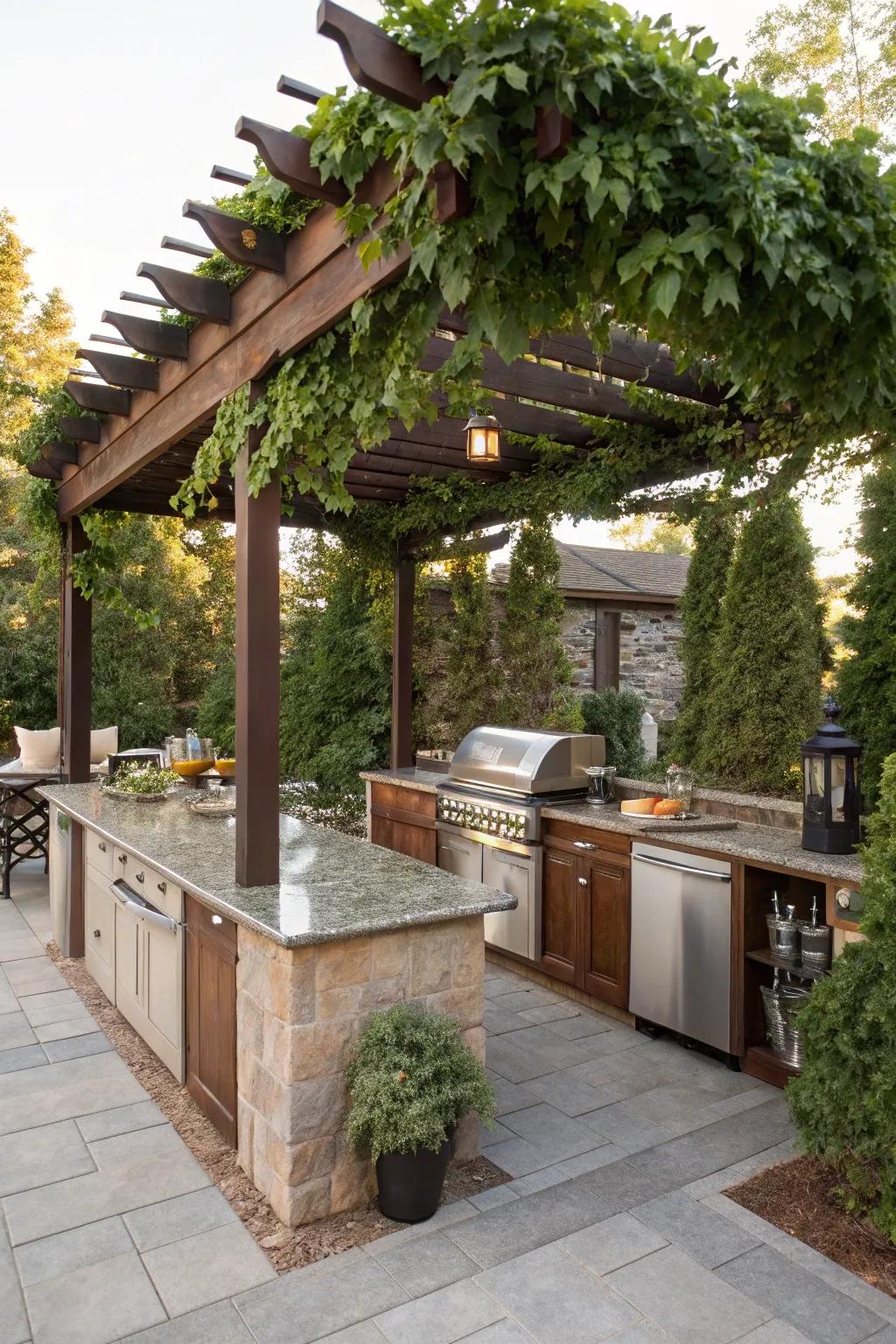 An outdoor cooking area comfortably shaded by a stylish pergola, surrounded by greenery.